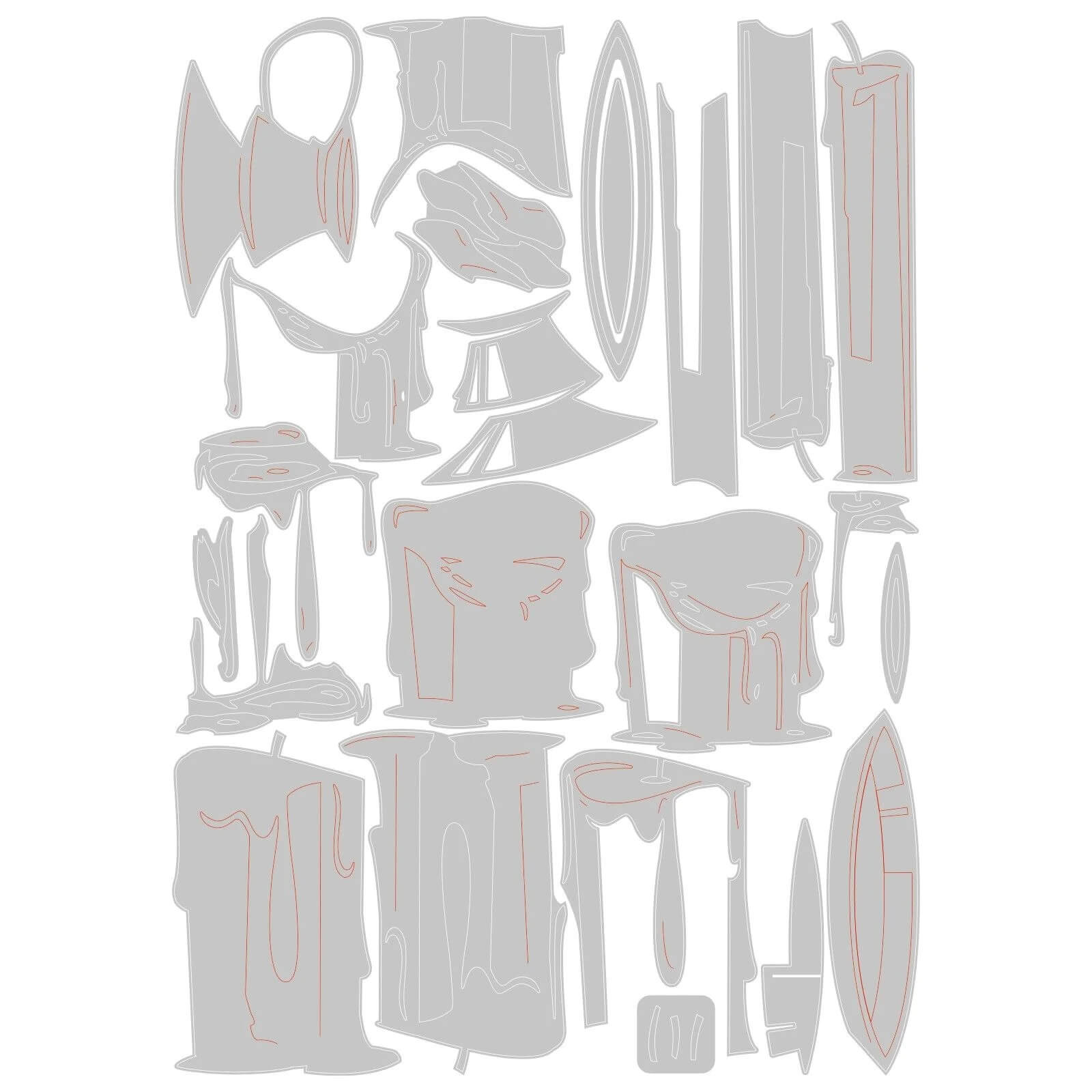 Abstrakte Illustration mit verzerrten, länglichen Formen in Grau und Rot auf Weiß - die ideale Inspiration für Sizzix-Fans oder kreative Projekte mit den Sizzix 666331 Thinlits Stanzschablonen Candleshop Colorize.