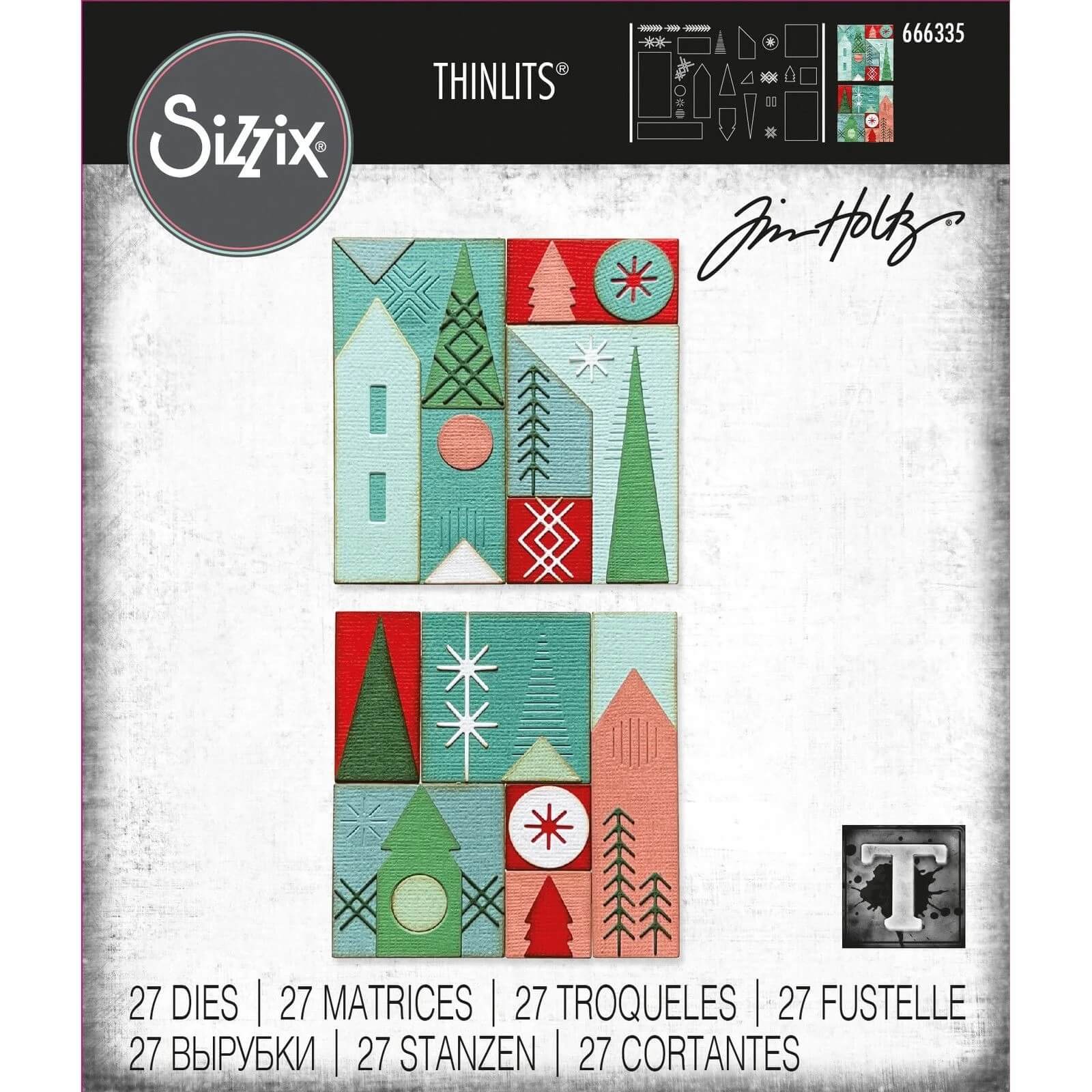 Das Set Sizzix 666335 - Thinlits Stanzschablonen Holiday Blocks von Sizzix enthält 27 geometrische Stanzformen, ideal für festliche Weihnachtsbasteleien wie Bäume, Häuser und Sterne in leuchtenden Farben.
