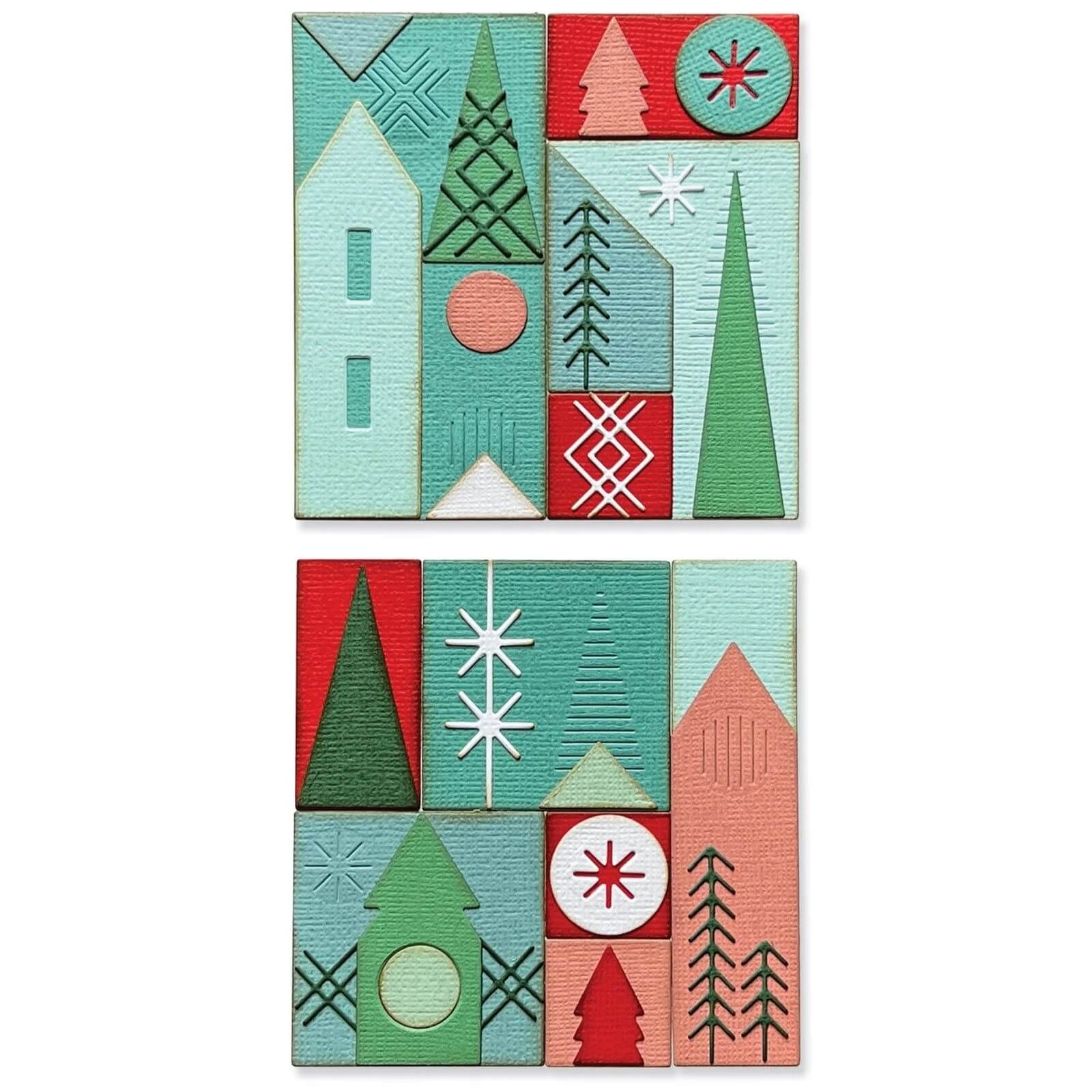 Die Sizzix 666335 Thinlits Stanzschablonen Holiday Blocks zeigen zwei abstrakte geometrische Tafeln mit Bäumen, Häusern, Kreisen und Sternen in festlichen Farben - ideal für Fans der modernen, minimalistischen Weihnachten von Sizzix.