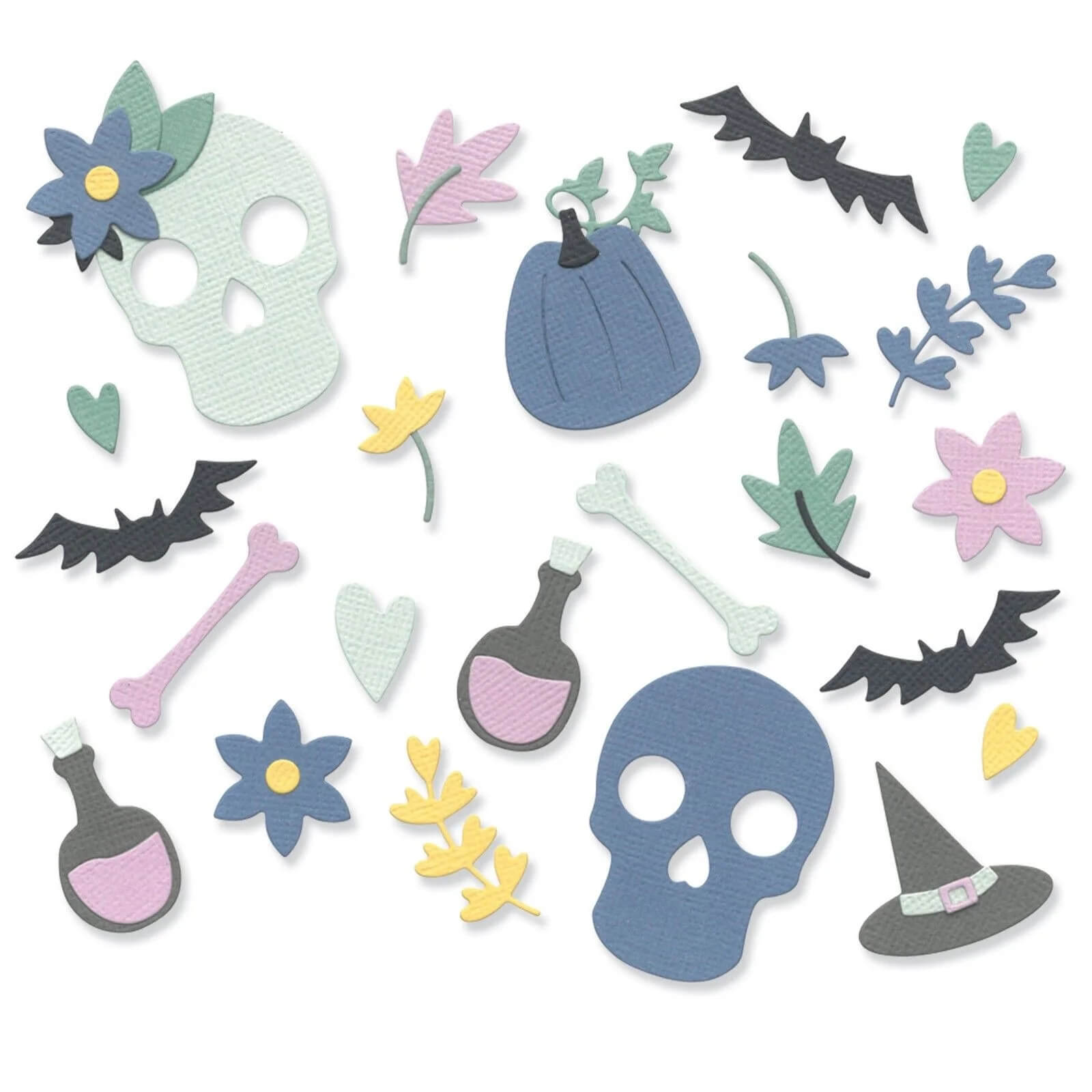 Pastellfarbene Papierausschnitte mit den Sizzix 666453 Thinlits Spooky Icons von Sizzix, mit Totenköpfen, Zaubertrankflaschen, Knochen, Blumen, Fledermausflügeln, Herzen, einem Kürbis und einem Hexenhut auf weißem Hintergrund.