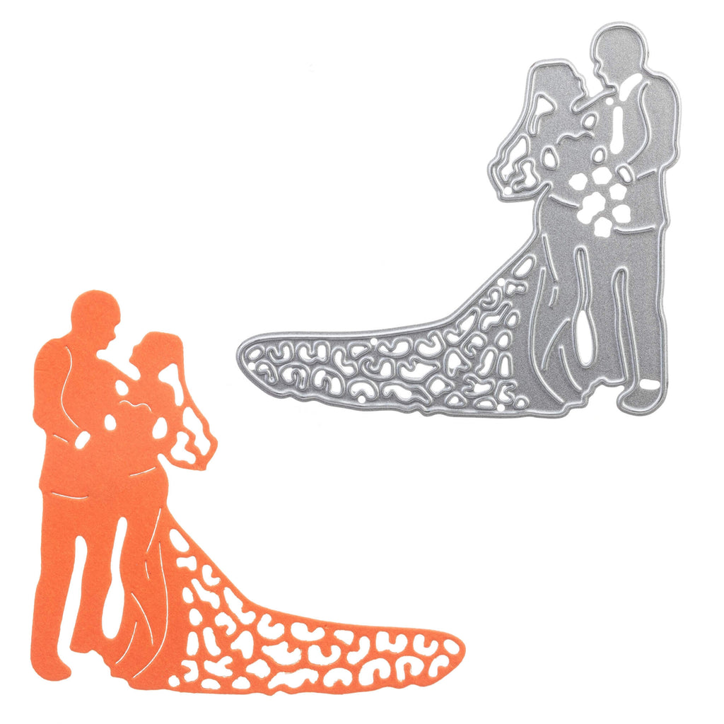 Eine Brautpaar-Silhouette in Orange und Orange, hervorgehoben durch eine Stanzschablone Brautpaar stehend mit Strauß für wunderschöne Hochzeitseinladungen und ein kreatives Bastelergebnis, von Stanzenshop.de.