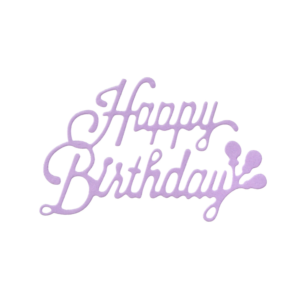 Stanzschablonen-Schriftzug „Happy Birthday mit Luftballons“ von Stanzenshop.de in lila Schrift auf weißem Hintergrund.