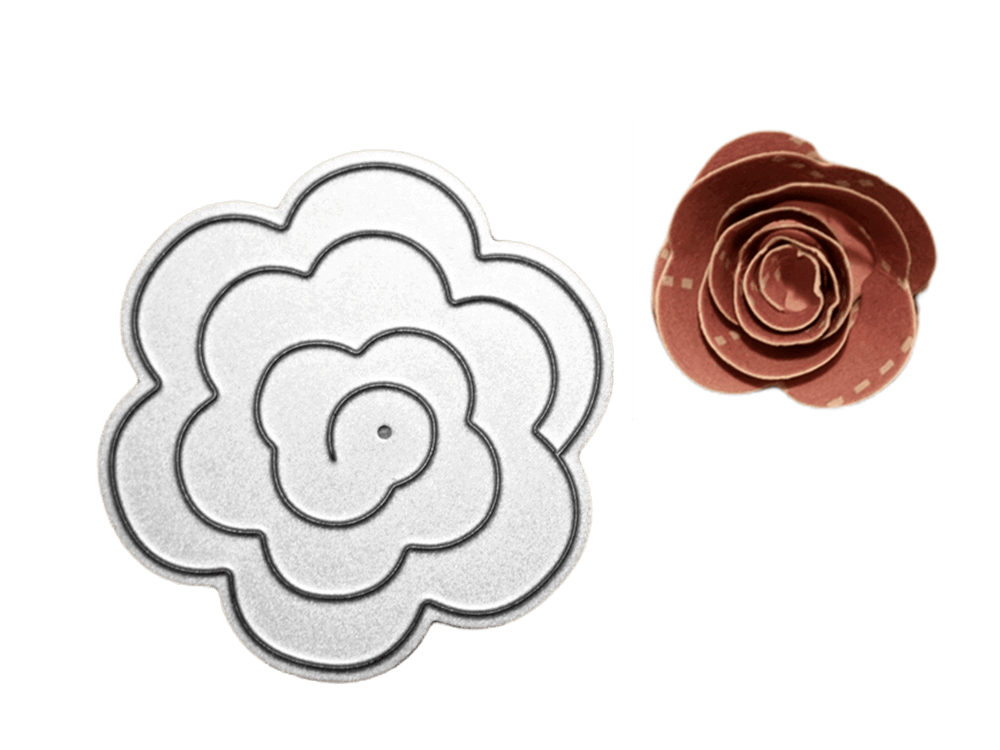 Ein Bild, das eine atemberaubende Stanzschablone „Rosenblüte“ zeigt, die zart auf einem farbenfrohen Stück Papier platziert ist, was zu einem wunderschönen Bastelergebnis von Stanzenshop.de führt.