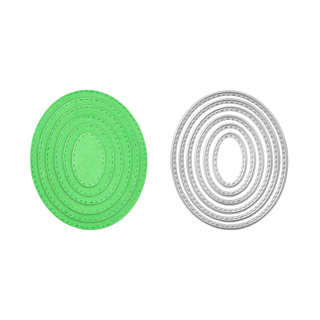Ein Paar grün-weißer Kreise, erstellt mit einer Stanzschablone Sechs ovale Kreise von Stanzenshop.de auf weißem Hintergrund.