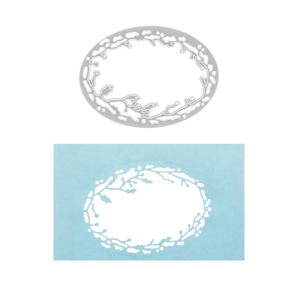 Ein Paar Stanzschablonen: Kreis mit Ranken-Karten von Stanzenshop.de mit einem weiß-blauen Design darauf.