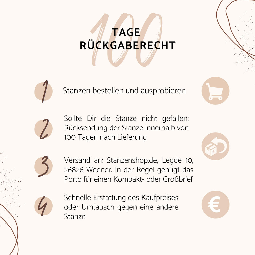 100 Tage Rückgaberecht für die Stanzschablone „Zwei Hasen und eine Blume“ von Stanzenshop.de.