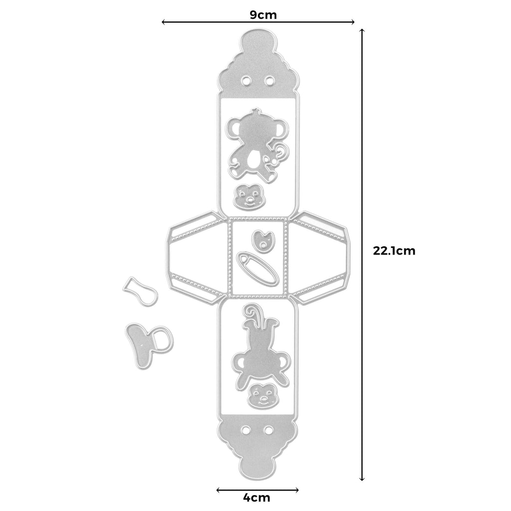 Ein Stanzenshop.de-Diagramm, das die Komponenten eines Stanzschablone Babyflaschenaufsteller-Teddybären zeigt.
