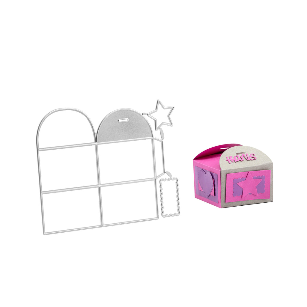 Eine rosa Schachtel mit einer Stern-Stanzschablone, Quadratische Schachtel mit Verzierungen von Stanzenshop.de und einer Schachtel Bastelergebnis daneben.