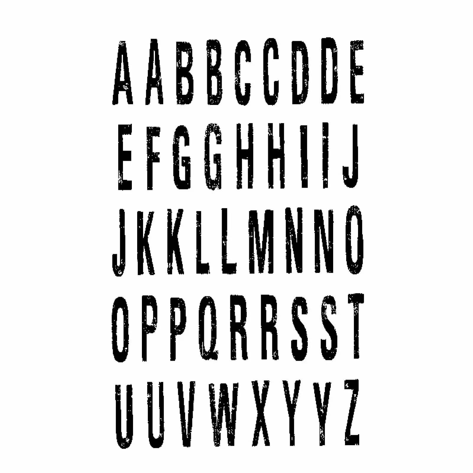 Das Darice Scrappy Cat Clear Stamps Set Buchstaben zeigt ein verunstaltetes Alphabet in Großbuchstaben, bei dem jeder Buchstabe zweimal in fünf Reihen auf weißem Hintergrund abgebildet ist - ideal für Stempelsachen.