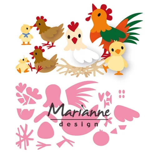 Hühner, Küken und Entenküken auf Stroh mit rosa Ausschnitten darunter - ideal für Scrapbooking mit Marianne Design - Collectables Präge- und Stanzschablone Eline's Hühnerfamilie.
