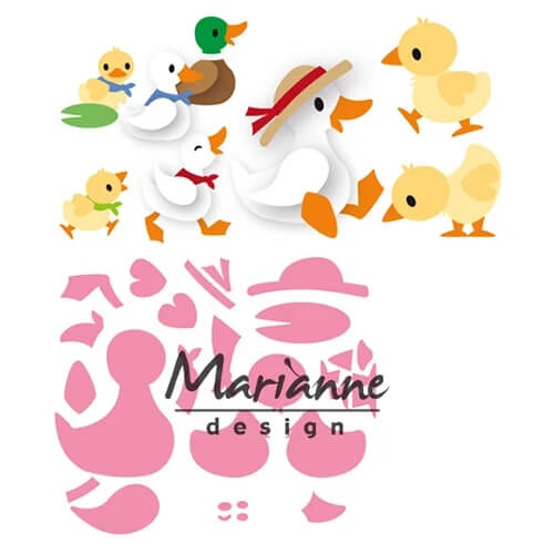 Illustration von Enten und Entenküken über rosa Schablonen zum Zusammensetzen von Entenformen mit der Marianne Design - Collectables Präge- und Stanzschablone Eline's Entenfamilie von Marianne Design, ideal für Scrapbooking.