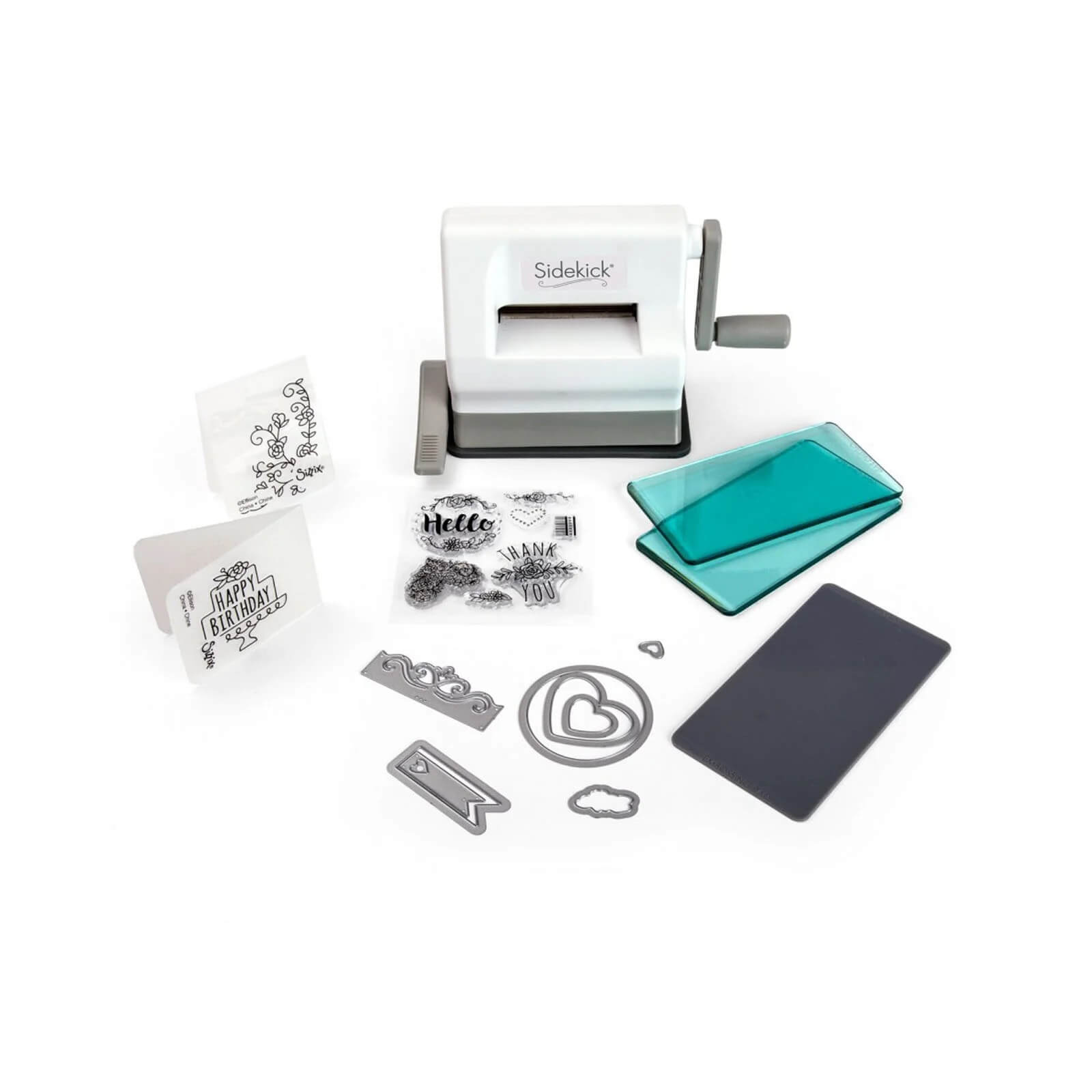 Das Sizzix 661770 - Sidekick Starter-Kit (Weiß & Grau) von Sizzix, mit Stanzblöcken, Prägefolder, Metallstempeln, Stempeln und Zubehör übersichtlich auf einer weißen Fläche angeordnet.