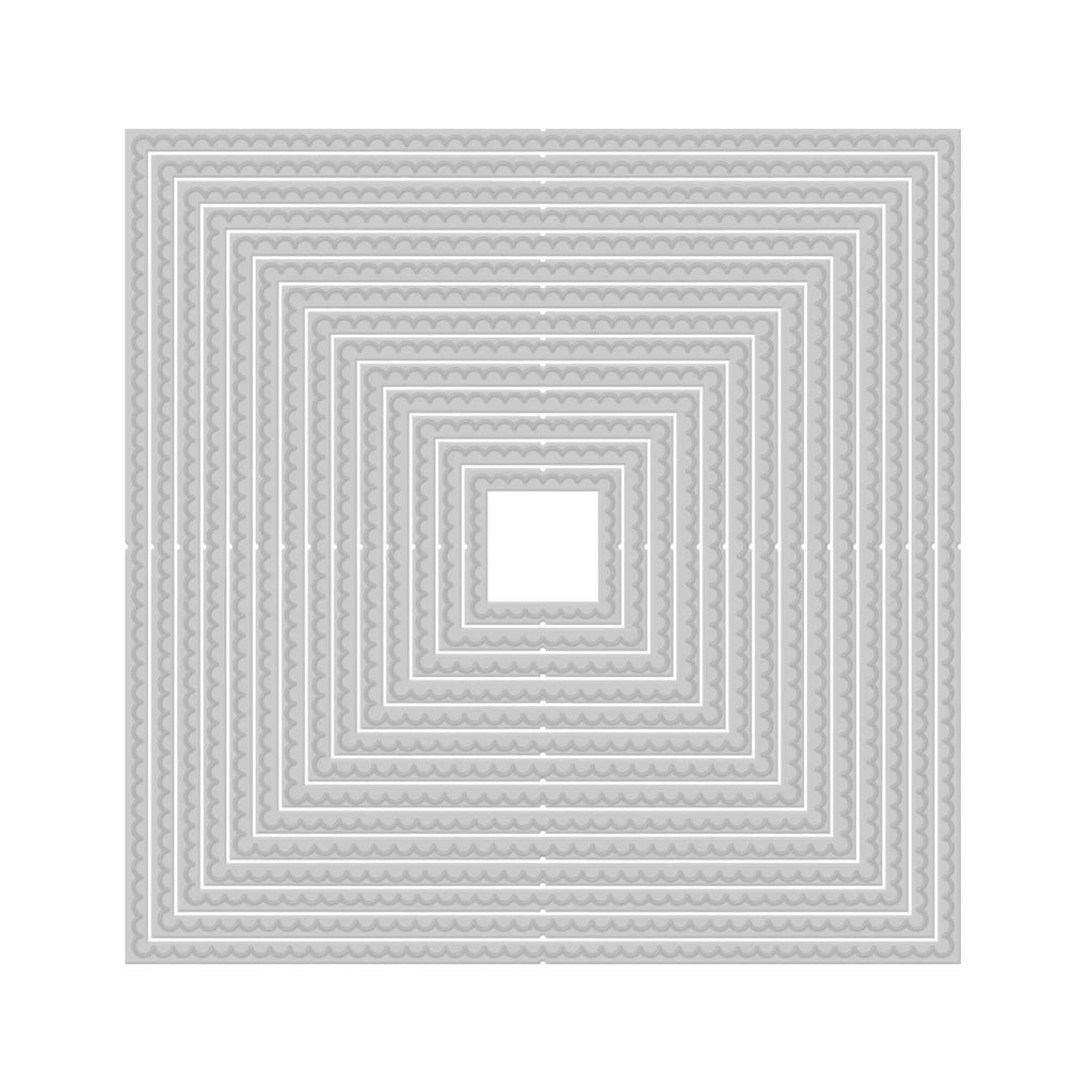 Ein 14-teiliges Layering-Stanzformen-Set von Tonic Studios mit gewelltem Quadrat auf weißem Hintergrund für Scrapbooking.