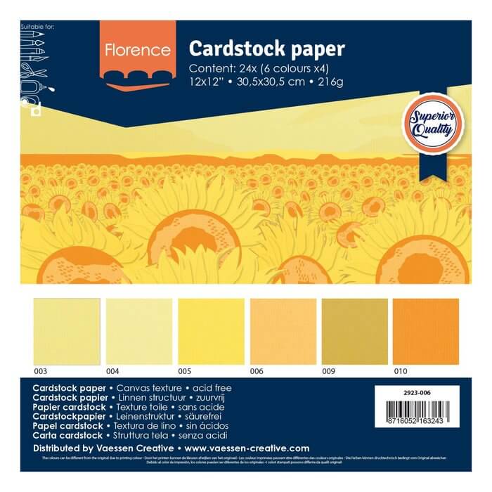 Front of Florence - Cardstock Multipack Textur 30,5x30,5cm Gelb von Florence, mit einer Sonnenblumenillustration, gelben Farbfeldern und Details: 24 Blatt, 6 Farben, säurefreies Papier (216g).