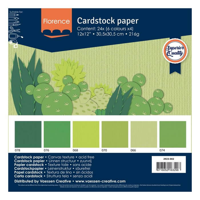 Eine Packung Florence • Cardstock Multipack Textur 30,5x30,5cm Grün mit Kaktuspflanzen.