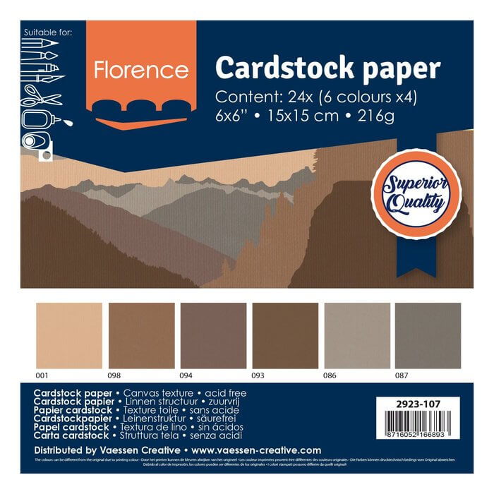 Ein Etikett für Florence - Cardstock Multipack Textur 15,2x15,2cm Braun zeigt sechs braune und graue Farbfelder, Produktdetails, 24 Stück, den Markennamen Florence und eine Illustration einer Berglandschaft.