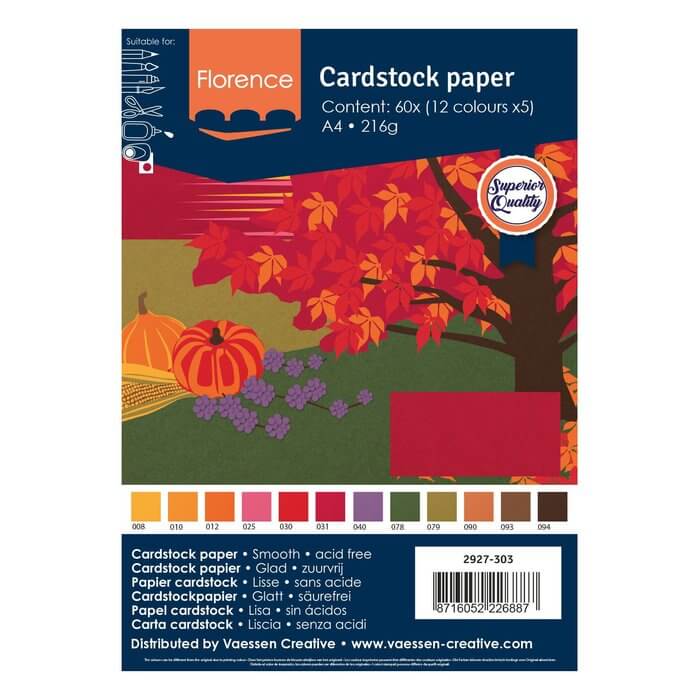 Florence - Cardstock smooth A4 12x5 Autumn von Florence: 60 Blatt A4-Karton (216 g), 12 Herbstfarben, mit einem herbstlichen Umschlag und Produktdetails am unteren Rand.