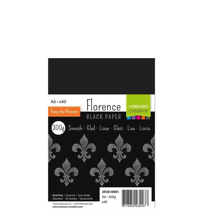 Eine schwarze Karte aus Florenz mit einem schwarz-silbernen Fleur de Lis-Design.