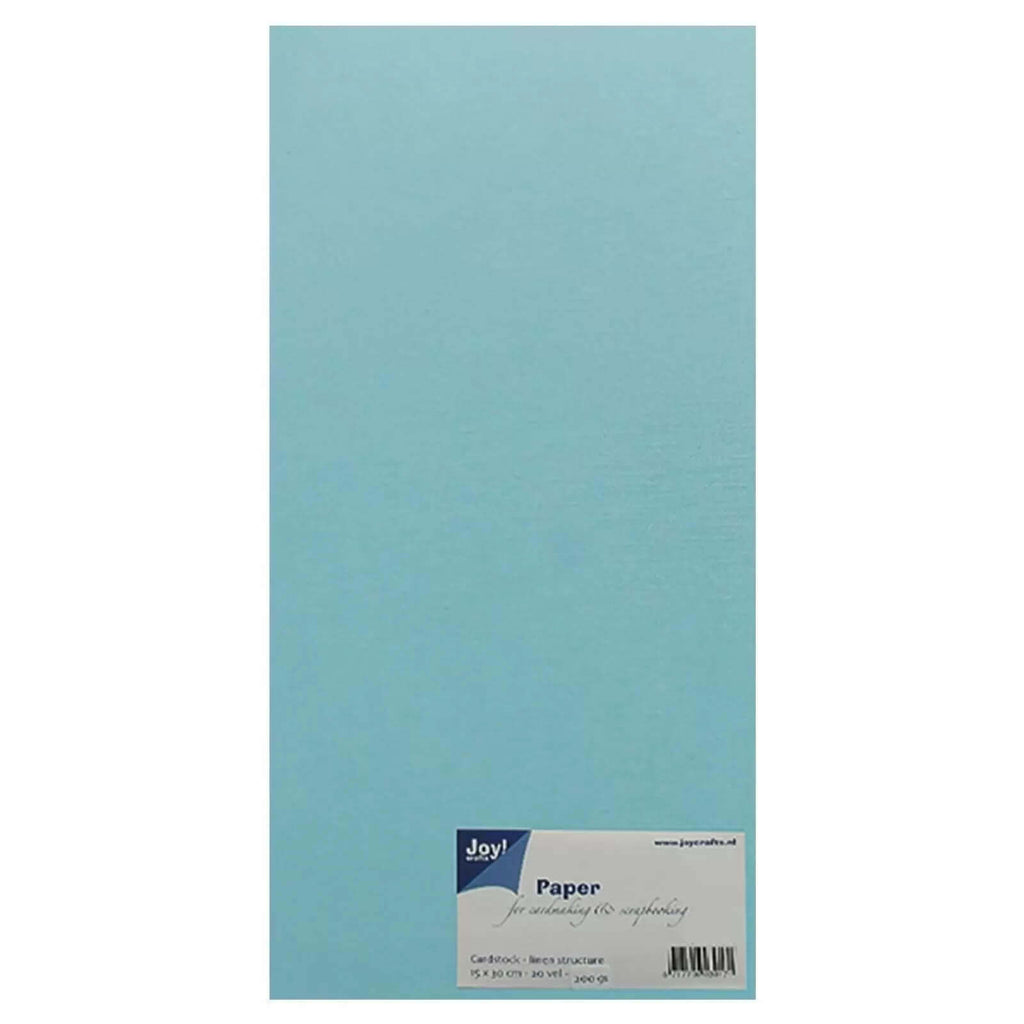 Ein Joy!Crafts Papierset 15x30cm 20 Seiten Hellblau - 200 g/m² auf weißem Hintergrund.
