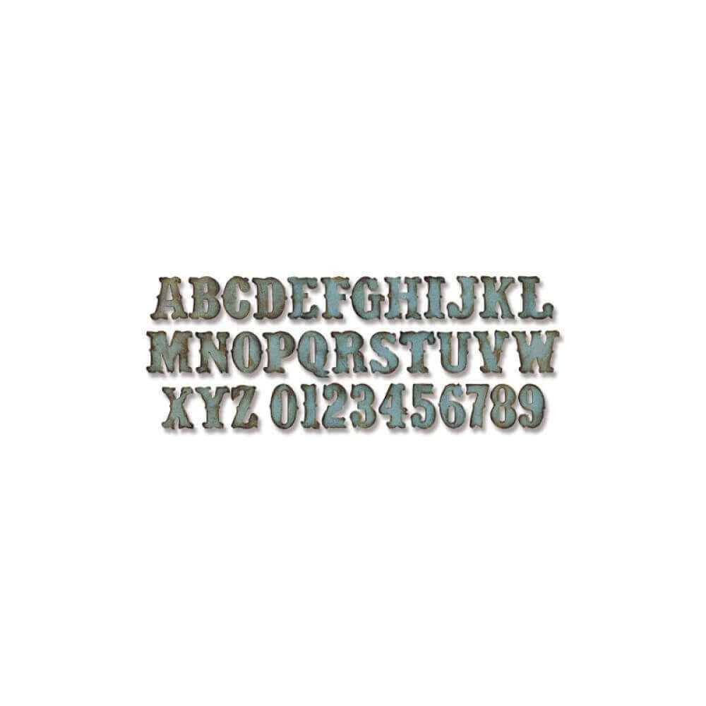 Ein Satz Sizzix 658772 Tim Holtz Bigz XL Alphabet Stanzschablone Vintage auf weißem Hintergrund.