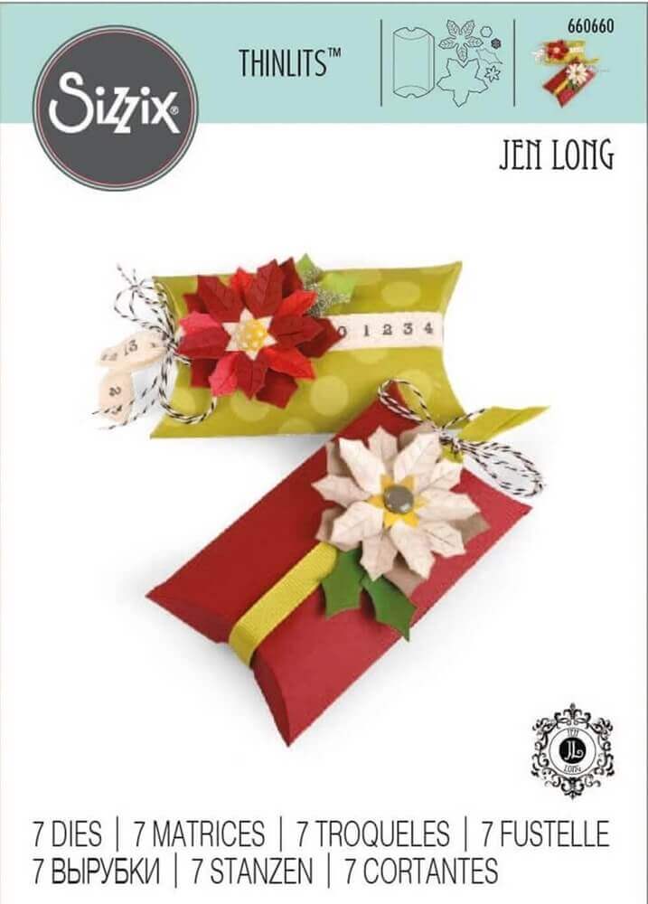 Zwei festliche Kissenschachteln - eine grün, eine rot - jeweils mit einem Weihnachtsstern aus Papier, hergestellt mit dem Sizzix Pillowbox und Poinsettias von Jen Long Thinlits Stanzen Set, 7er Packung von Sizzix. Perfekt für kreative Projekte mit Ihrer Big Shot!.