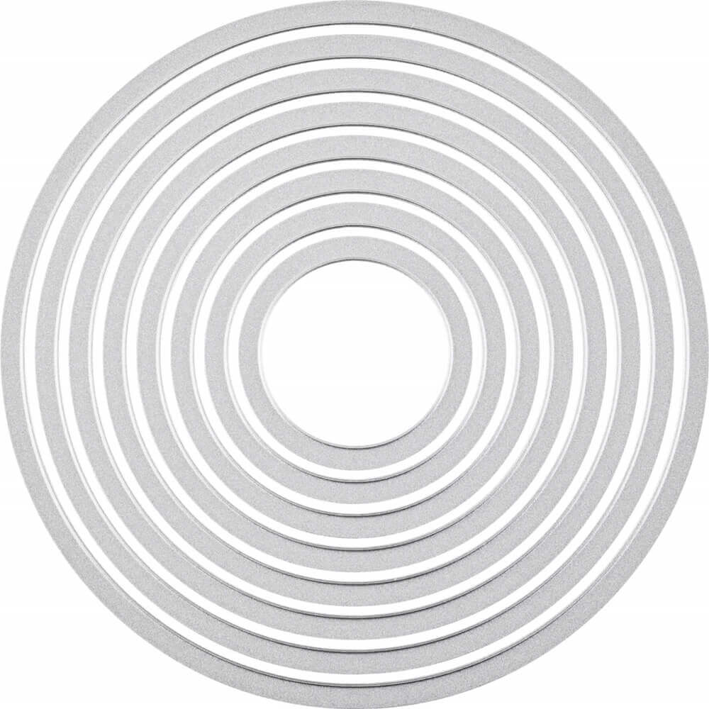 Das Sizzix Stanzformen-Set Framelits(TM) Circles von Sizzix enthält neun konzentrische Metallstanzen (Ø 3-10,7 cm), die präzise Kreisformen erzeugen - perfekt für verschiedene Bastel- und Designprojekte.