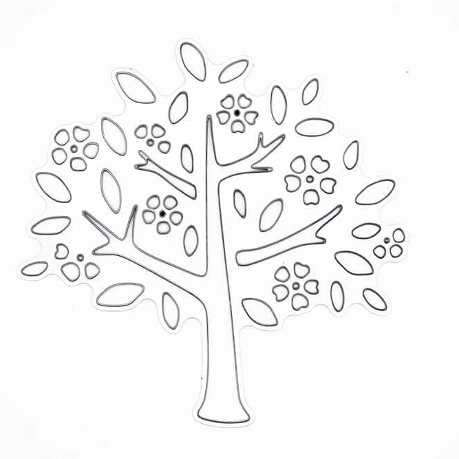 Umriss eines Baumes mit Stamm, Ästen, ovalen Blättern und kleinen fünfblättrigen Blüten - perfekt zum Basteln oder Scrapbooking. Entwurf: Stanzschablone Baum mit Blüten und Blättern von Stanzenshop.de auf weißem Hintergrund.
