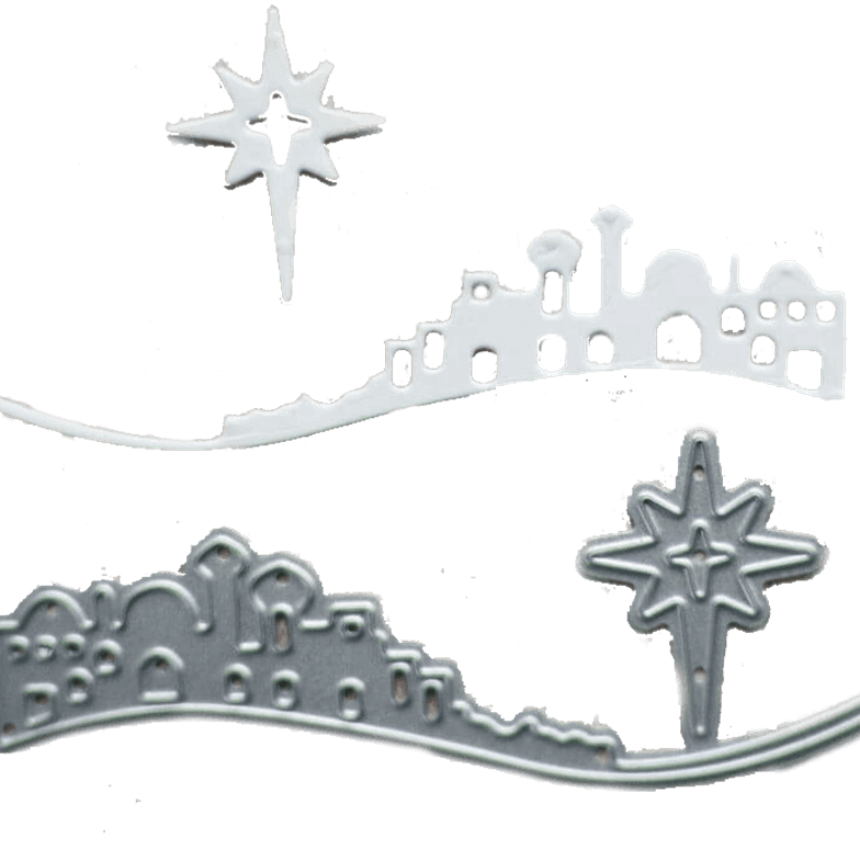 Die Stanzschablone "Bethlehem mit Weihnachtsstern" von Stanzenshop.de zeigt metallische Stanzungen eines Sterns über einer gewölbten Stadtsilhouette - ideal für die Kartenherstellung oder das Basteln im Winter, dargestellt in Silber und Weiß auf einem strahlend weißen Hintergrund.