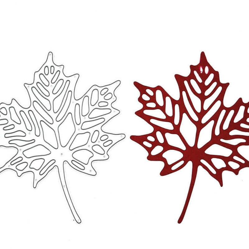 Zwei Blattausschnitte aus der Stanzschablone: Blatt mit Muster von Stanzenshop.de, ein weißes und ein rotes mit detaillierten Adern, nebeneinander gelegt - tolle Akzente für Scrapbooking oder ein einzigartiges Bastelergebnis.