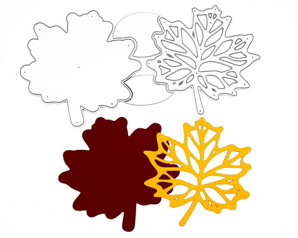 Abgebildet sind vier Ahornblattausschnitte - zwei weiße Umrisse sowie passende einfarbige und detaillierte rote und gelbe Blätter. "Stanzschablone: Blatt mit Rahmen" von Stanzenshop.de ist ideal zum Basteln oder um Scrapbooking-Projekte mit herbstlichem Flair zu versehen.