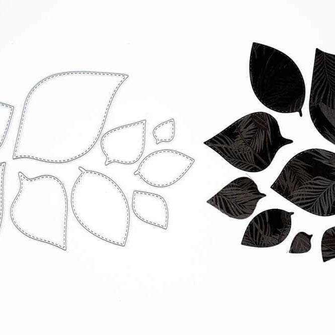 Auf der linken Seite sind neun "Stanzschablone: Blätter in verschiedenen Größen" von Stanzenshop.de, mit passenden schwarzen blattförmigen Ausschnitten auf der rechten Seite - ideal zum Basteln und für kreative Projekte.