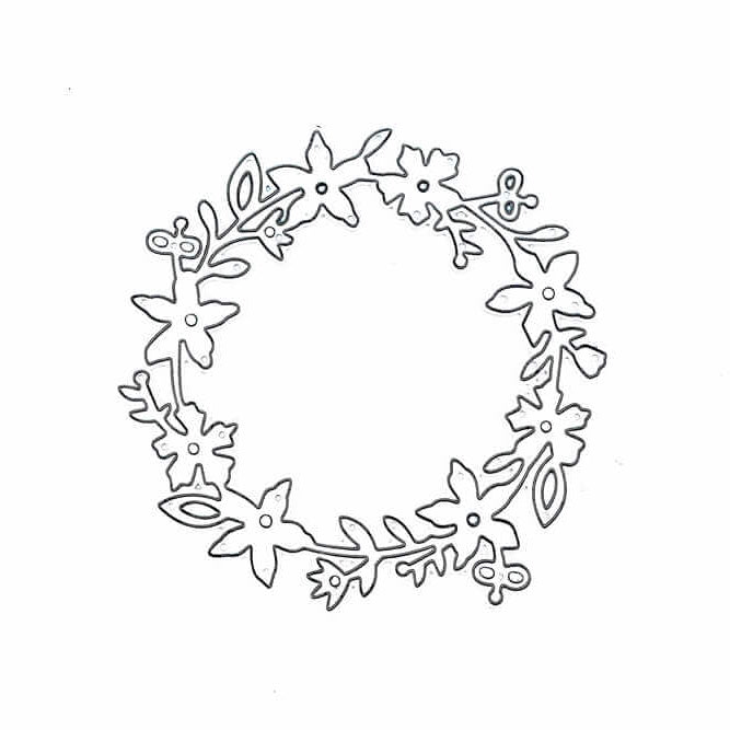 Eine schlichte schwarz-weiße Strichzeichnung eines kreisförmigen Blumenkranzes mit Blättern und Blüten, ideal als Stanzenshop.de Stanzschablone Blumenkranz für Basteln oder kreative Blumenkranz Stanzschablone gestalten.