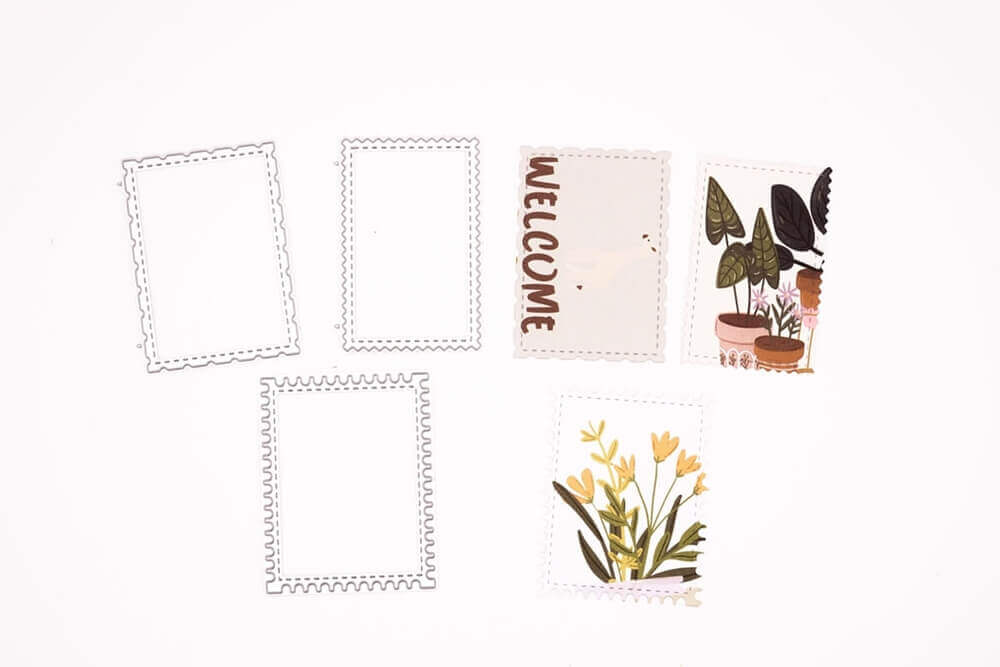 Die Stanzschablone Drei Briefmarken von Stanzenshop.de enthält sechs rechteckige Ausschnitte - drei mit Pflanzenmotiven oder "WELCOME" und drei mit unbedruckten Wellenkanten - ideal für Scrapbooking oder Kartenherstellung.