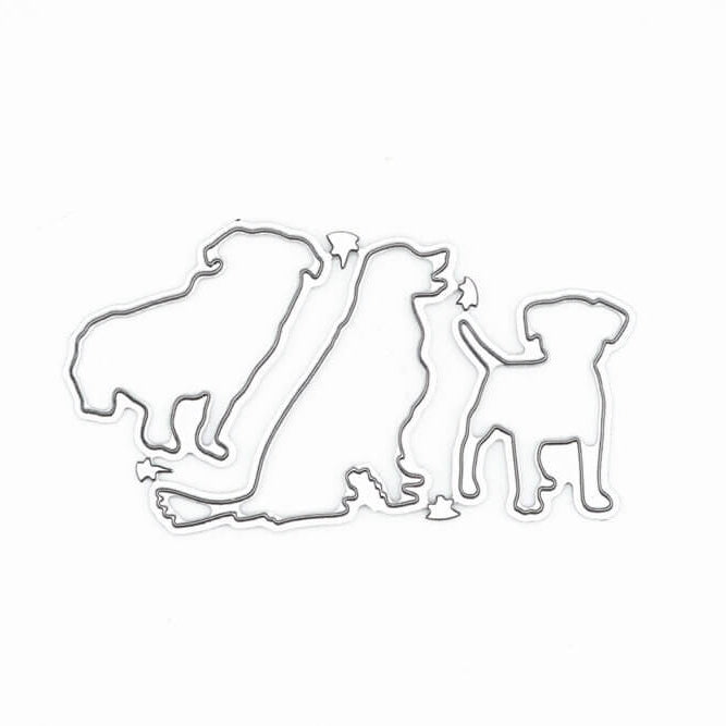 Die Stanzschablone Drei Hunde von Stanzenshop.de zeigt drei Metallstempel in verschiedenen Hundeformen, ideal zum Basteln und Backen, elegant auf weißem Hintergrund.
