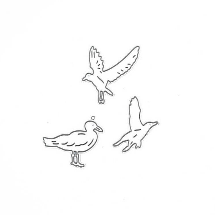 Line Art von drei Möwen - stehend, fliegend und gleitend - auf weißem Hintergrund. Die Stanzschablone Drei Möwen von Stanzenshop.de ist ideal für Bastelschablonen oder Scrapbooking Projekte.