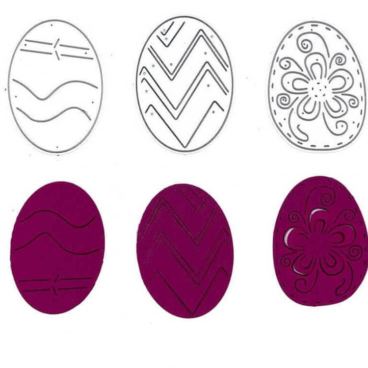 Stanzenschablone: Drei Ostereier von Stanzenshop.de zeigt sechs Eier-Illustrationen - die obere Reihe in schwarz-weißen Konturen, die untere Reihe in dunklem Lila - ideal für Stanzschablone oder Osterstanzen.