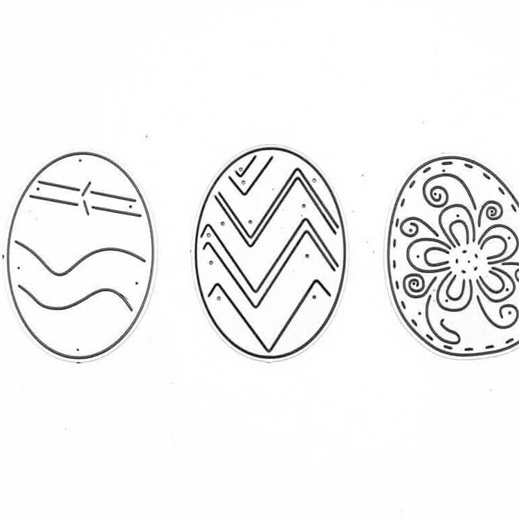 Stanzschablone: Drei Ostereier von Stanzenshop.de zeigt drei Ostereier mit Wellenlinien, Zickzack-Streifen und Blütendesign - ideale Inspiration für Ihre Osterbasteleien!.