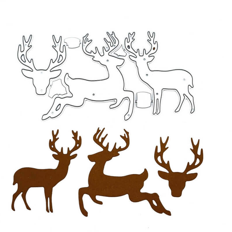 Mit der Stanzschablone Drei Rentiere von Stanzenshop.de hergestellte Metallstanzteile und braune Papierausschnitte von Hirschen in verschiedenen Posen sind auf weißem Hintergrund angeordnet - ideal für Weihnachtsbasteln.