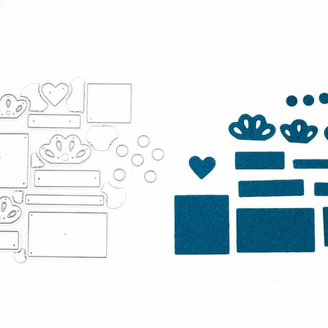 Die Stanzenshop.de Stanzschablone: Drei verschiedene Geschenke und die dazu passenden blauen Filzformen werden auf weißem Hintergrund dargestellt, ideal zum Basteln oder für eine einzigartige Geburtstagskarte.