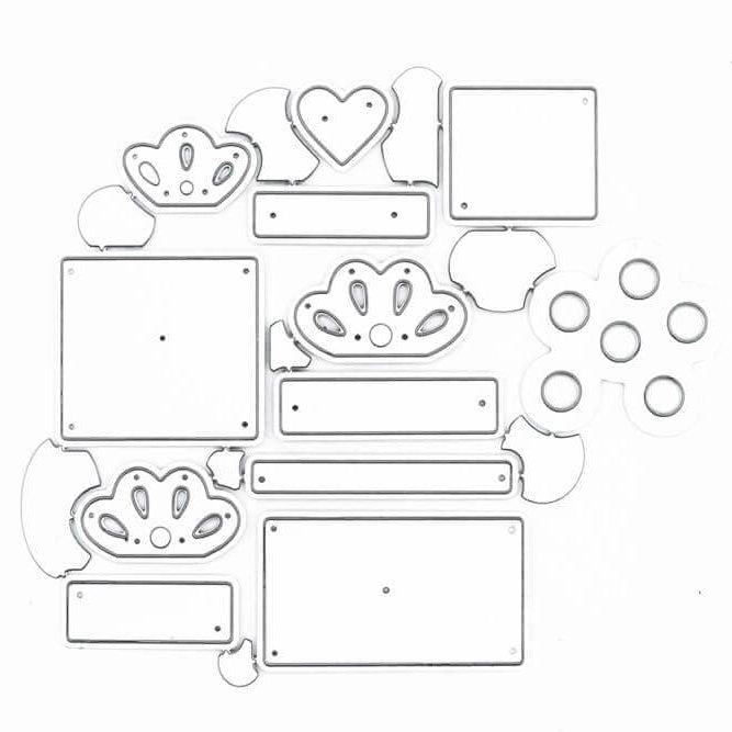 Drei sortierte "Stanzschablone: Drei verschiedene Geschenke" Metallstempel von Stanzenshop.de, mit Geschenkformen auf weißem Hintergrund - ideal zum Basteln einer einzigartigen Geburtstagskarte.