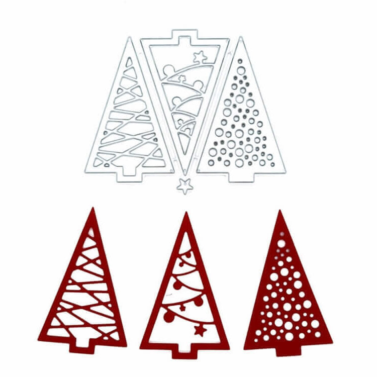 Drei Stanzschablonen Drei verschiedene Tannenbäume" von Stanzenshop.de aus Metall sind über drei roten Ausschnitten abgebildet, jeder mit einem einzigartigen festlichen Muster - ideal für Basteln und Weihnachtsbasteln.