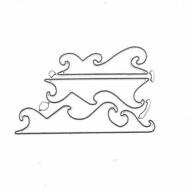 Die Stanzschablone Drei Wellen von Stanzenshop.de zeigt einen einfachen schwarzen Umriss von zwei stilisierten Wellen mit kräuselnden Kämmen auf weißem Hintergrund, perfekt für Scrapbooking, Basteln Projekte, und die Verwendung mit Ihrem Lieblings-Stanzschablonen.