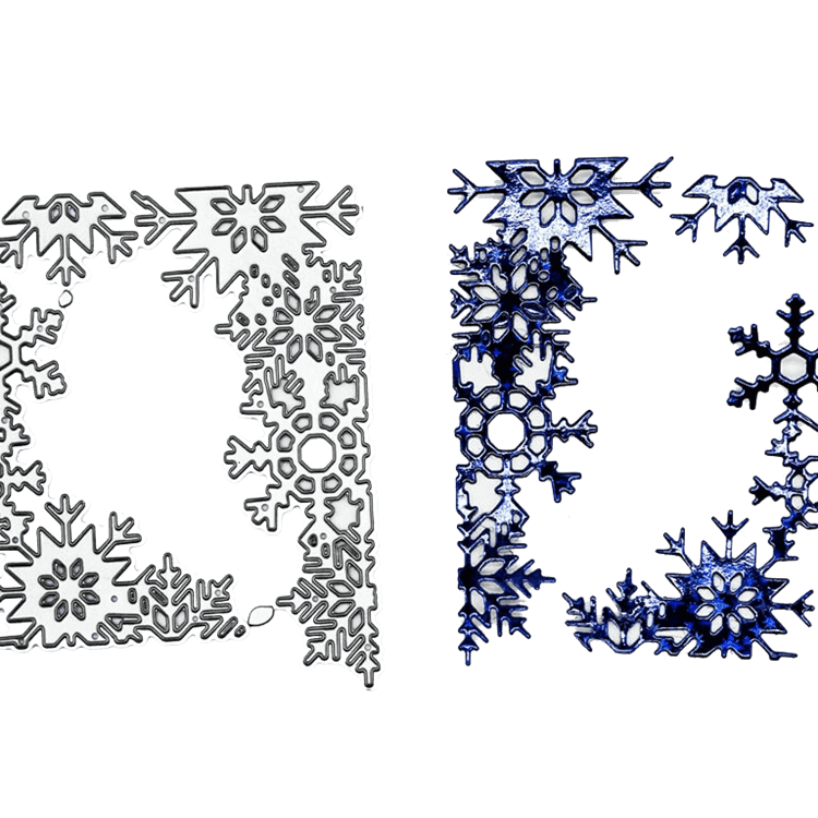 Die "Stanzschablone Ecke aus Schneekristallen" von Stanzenshop.de besteht aus zwei rechteckigen Rahmen: einer mit schwarzer Umrandung, der andere einfarbig blau und 3D-ideal für Winterbasteln oder festliche Weihnachtsprojekte.