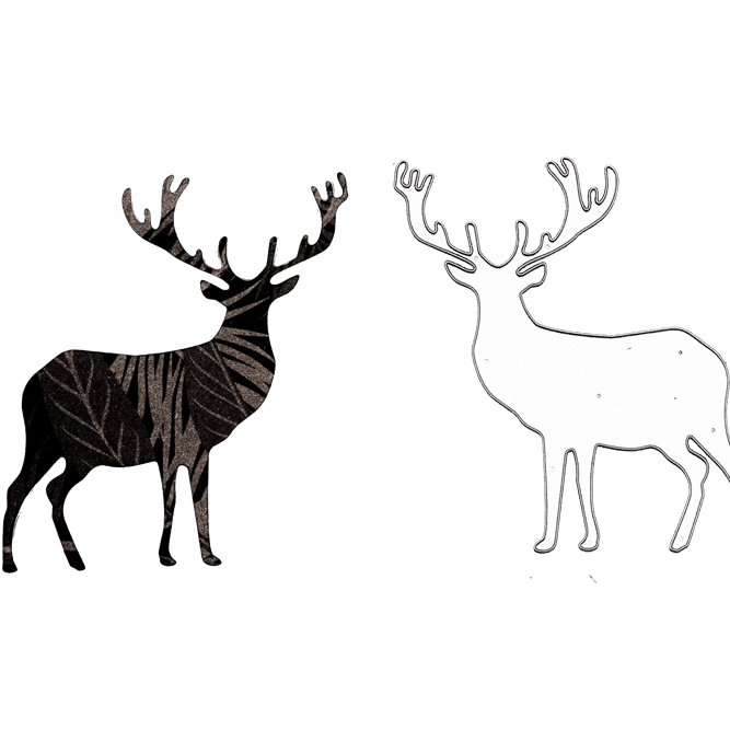 Zwei Hirschsilhouetten, hergestellt mit der Stanzschablone: Einzelner Hirsch von Stanzenshop.de-einer mit dunklem Muster, der andere schwarz umrandet-ideal für Bastelprojekte mit Ihrer kompatiblen Stanzmaschine.