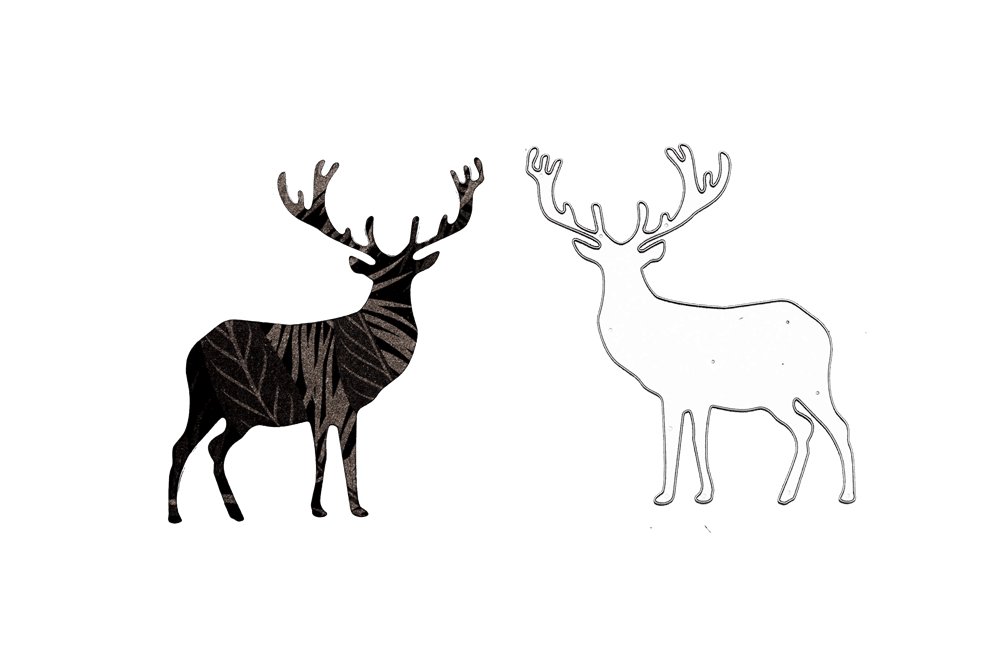 Zwei Hirschsilhouetten, hergestellt mit der Stanzschablone: Einzelner Hirsch von Stanzenshop.de-einer mit dunklem Muster, der andere schwarz umrandet-ideal für Bastelprojekte mit Ihrer kompatiblen Stanzmaschine.