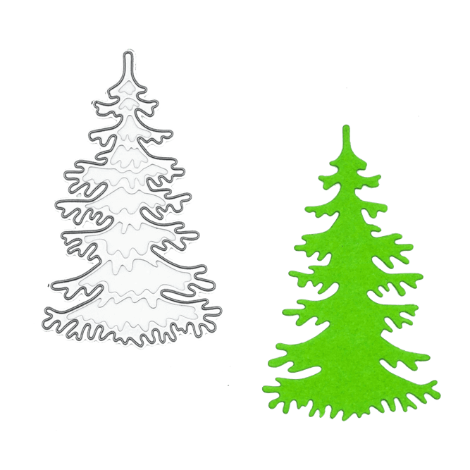 Die Stanzschablone: Einzelner Tannenbaum von Stanzenshop.de wird in silbernem Metall neben einem grünen Papierausschnitt des gleichen Tannenbaumdesigns gezeigt, ideal für Basteln Weihnachten Projekte.