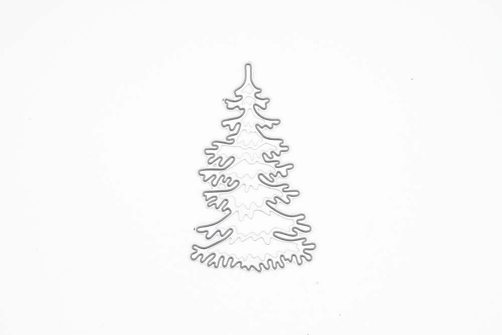 Ein stilisierter, immergrüner Baumumriss, zentriert auf Weiß - ideal zum Basteln zu Weihnachten oder zur Kombination mit Ihrer Stanzschablone: Einzelner Tannenbaum von Stanzenshop.de.