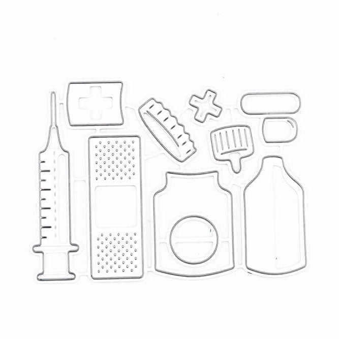 Basteln Sie mit dem "Stanzschablone Erste Hilfe Set, Pflaster, Spritze, Medikamente" von Stanzenshop.de - ideal, um Projekte mit medizinischen Themen wie Spritzen und Verbände auf weißem Hintergrund zu gestalten.