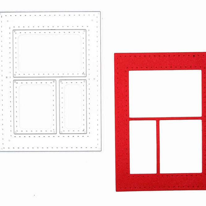 Zwei rechteckige Rahmen - einer weiß, einer rot -, die jeweils in drei Abschnitte unterteilt sind, werden nebeneinander auf weißem Hintergrund gezeigt. Ideal zum kreativen Basteln oder Scrapbooking mit der "Stanzschablone: Fenster 3-teilig" von Stanzenshop.de.