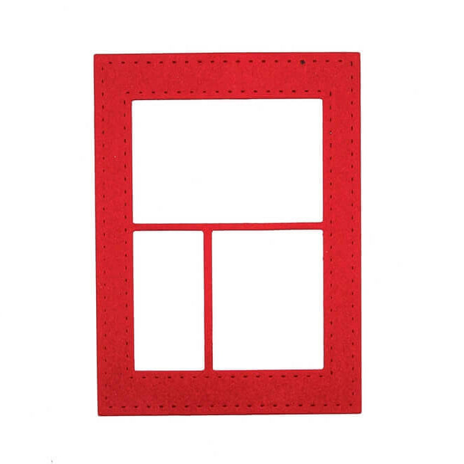 Die "Stanzschablone: Fenster 3-teilig" von Stanzenshop.de ist ein roter rechteckiger Stanzrahmen mit einer großen oberen Öffnung und zwei kleineren unteren Abschnitten - perfekt für Scrapbooking oder Basteln - auf weißem Hintergrund.